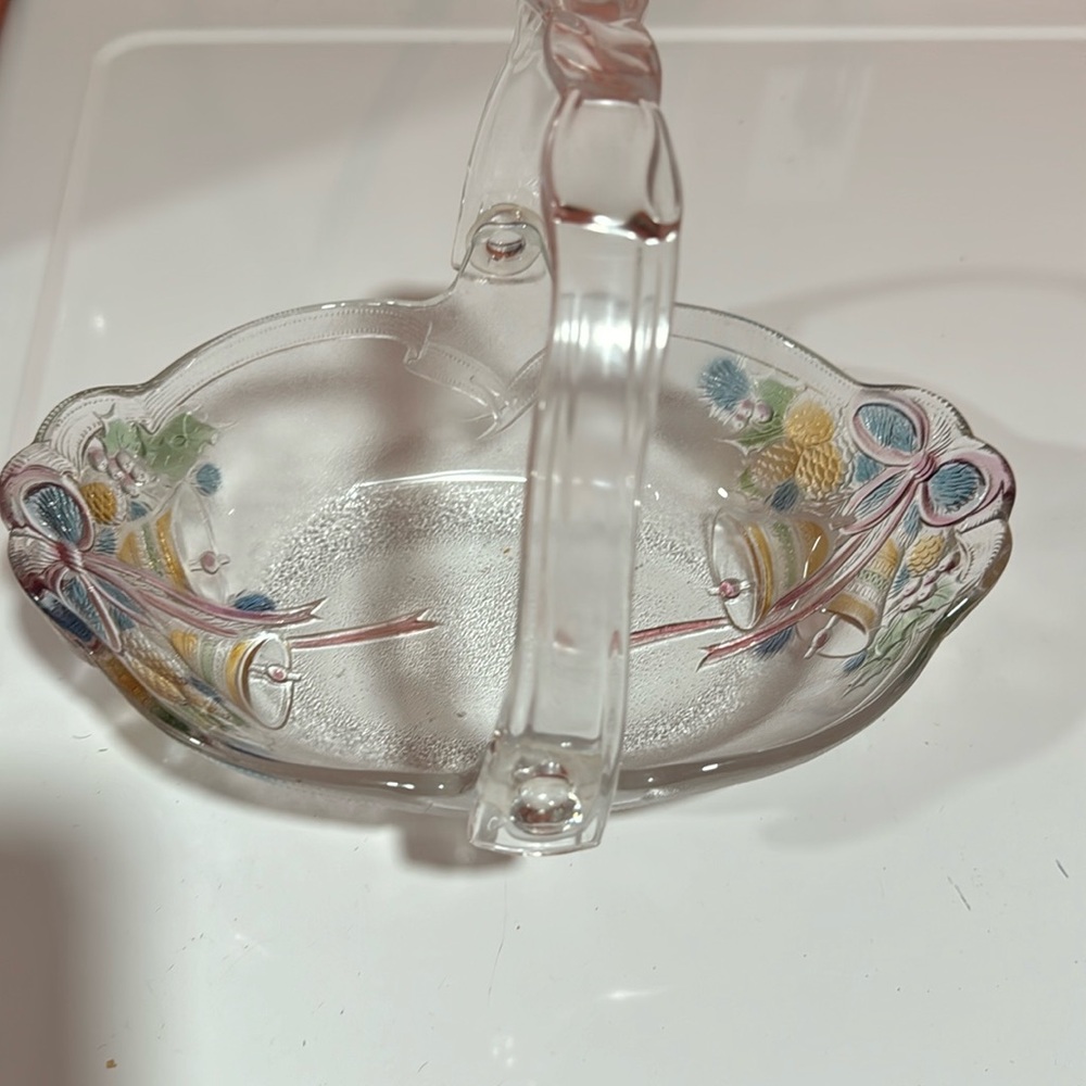 Celebrations by Mikasa Holiday Bells crystal basket.7 3/4 wide.Mint condition.